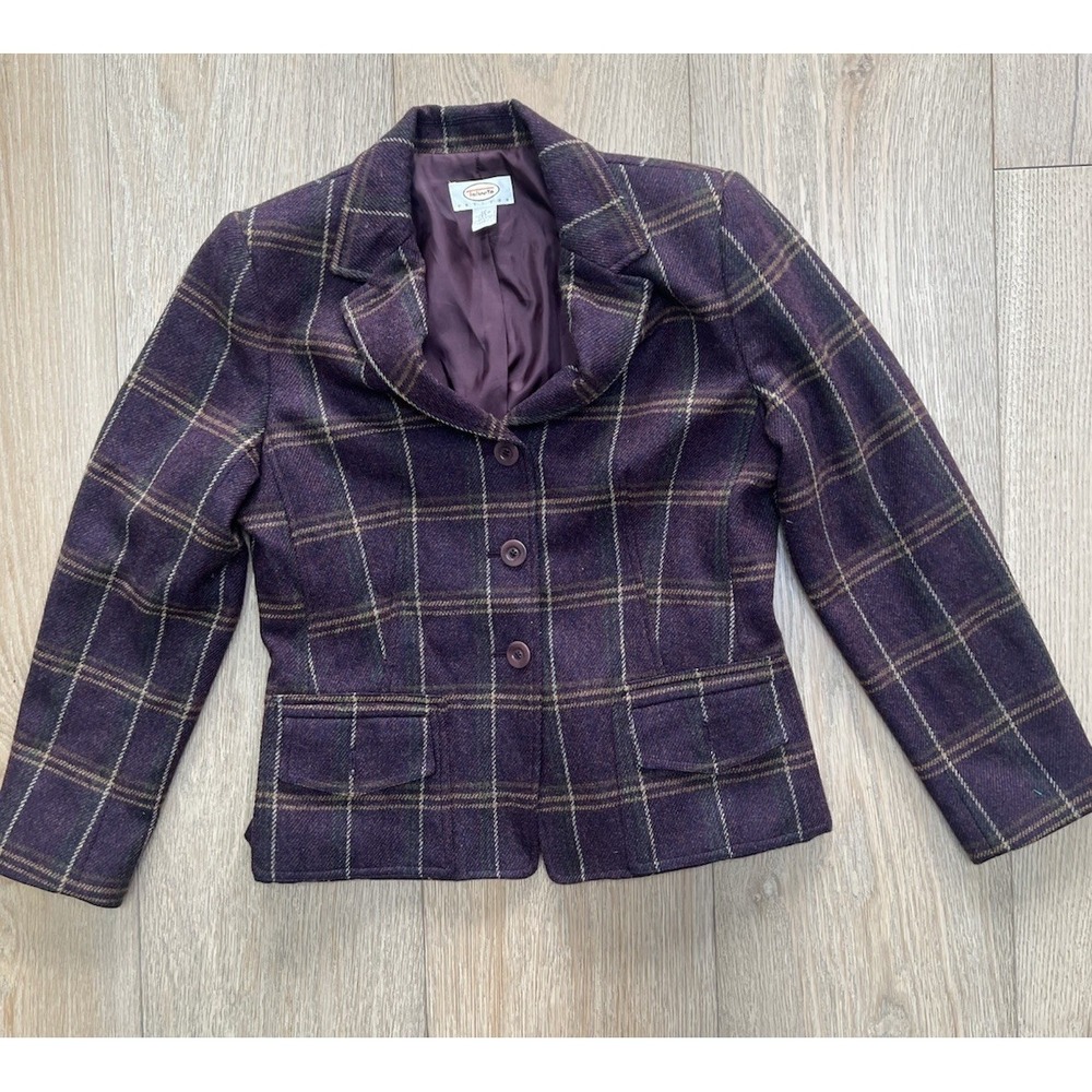 Talbots Blazer Womens 10 Petite Purple Plaid Wool Jacket Made USA Lined Pockets